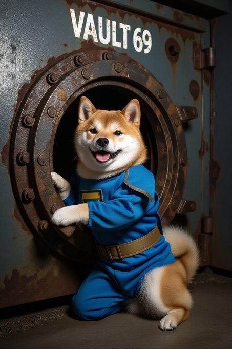 The image features a Shiba Inu dog dressed up as a character from the movie "Fargo". The dog is wearing a blue outfit, which includes a shirt with a yellow tag that says "Vault 69", and a belt around its waist. It appears to be posing for the camera in front of an old metal door or vault, giving off a playful and amusing vibe. The post about the Dogecoin OGs seems to be related to this image as it references the character "Fargo" from the movie.