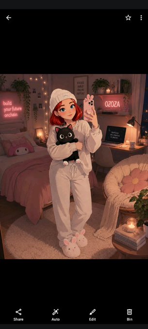 A cute anime-style illustration of a red-haired girl in a cozy bedroom taking a mirror selfie with her phone while holding a black cat plush.