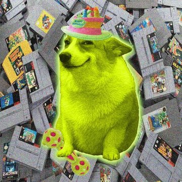 A yellow dog with a glowing green aura wears a small colorful party hat and slippers, sitting in front of a background filled with scattered retro video game cartridges.