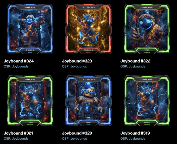 A grid of six 'Joybound' NFT trading cards labeled #319 through #324 from the OSP: Joybounds collection, featuring various 'Shields,' 'Virus,' 'Revealing,' and 'Laser' characters in blue, red, and green frames.