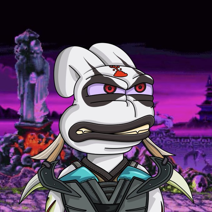 An animated character with a white cloth-wrapped head and a stern expression, set against a purple-hued background with a statue and Asian-style architecture.