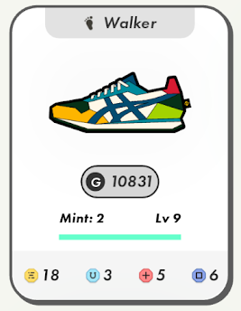 A digital card displaying a colorful Asics sneaker labeled 'Walker' with stats: G 10831, Mint: 2, Lv 9, and various icons showing values 18, 3, +5, and 6.