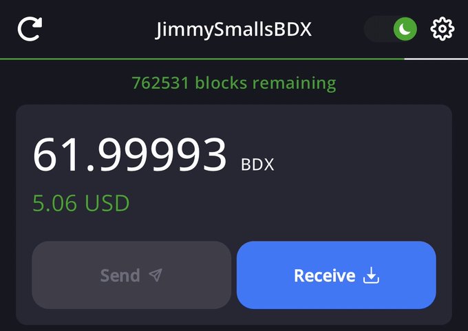 A cryptocurrency wallet interface showing a BDX balance of 61.99993 (5.06 USD) for user JimmySmallsBDX, with 762,531 blocks remaining and Send/Receive buttons.