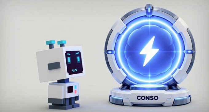 A 3D-rendered cartoon robot stands next to a glowing blue energy device featuring a lightning bolt symbol and the label 'CONSO' on its base.