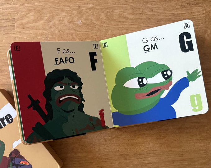A flashcard-style book displays letters F and G illustrated with Pepe the Frog memes, labeled 'F as... FAFO' and 'G as... GM'.