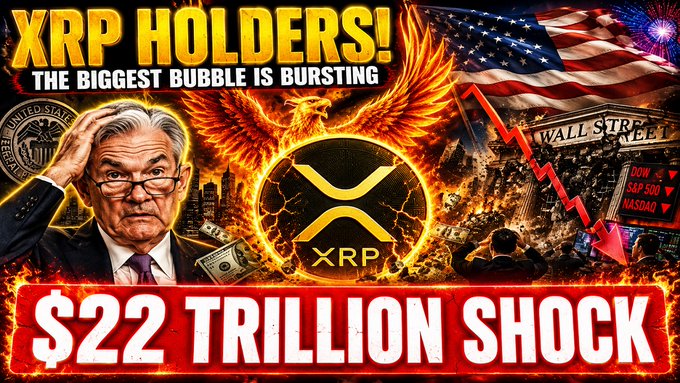 The image features a poster with an illustration of a man wearing glasses, holding a coin that says "XRP" on it. The background of the poster has an American flag and a fire extinguisher symbolizing a financial crisis or market crash. Below this, there is text in red and white that reads "XRP Holders! The $22 Trillion Shock! The Biggest Bubble in America Is Exploding!". This message suggests that the value of Bitcoin, represented by the XRP coin, has reached an all-time high, causing a financial crisis or market crash.