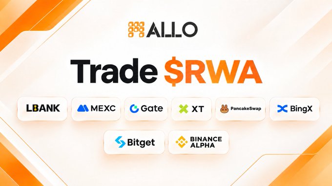 An advertisement for 'ALLO' promoting 'Trade $RWA' featuring partner exchange platforms including LBANK, MEXC, Gate, XT, PancakeSwap, BingX, Bitget, and Binance Alpha.