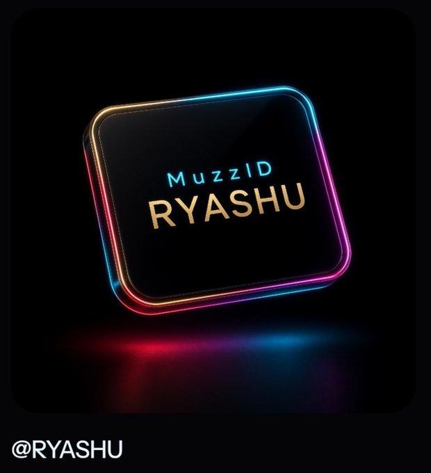 A black graphic with a neon-lit 3D rounded square frame displaying the text 'MuzziD RYASHU' in cyan and gold, with '@RYASHU' written in the bottom left corner.