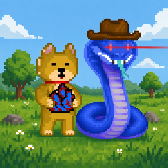A pixel art scene featuring a teddy bear holding a Spider-Man figure standing next to a blue cobra wearing a brown cowboy hat with a red laser sight, set in a grassy field with trees.
