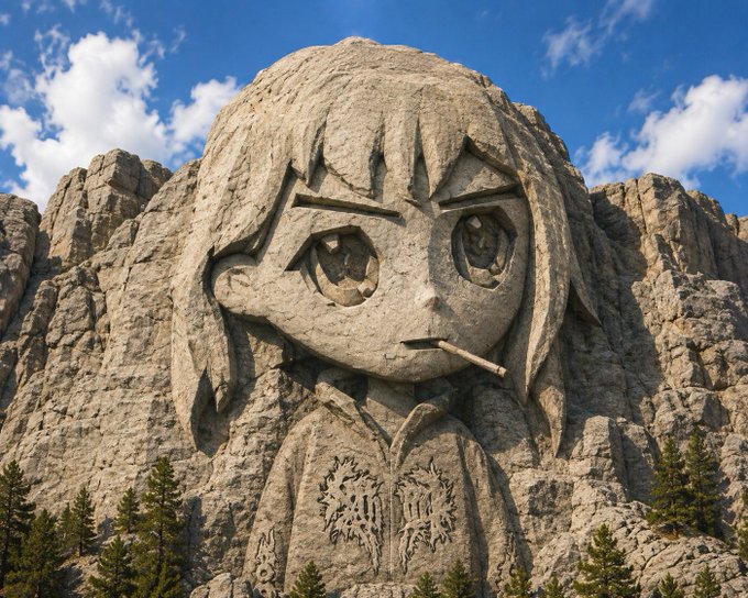A massive stone sculpture of an anime-style character with large eyes and a cigarette in its mouth, carved directly into a rocky mountainside under a blue sky.
