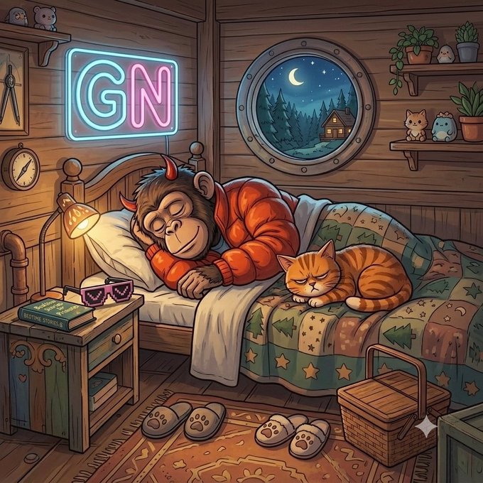 A cozy illustrated bedroom scene featuring a sleeping monkey in an orange hoodie and a ginger cat on a bed, with a neon 'GN' sign glowing on the wooden wall above.