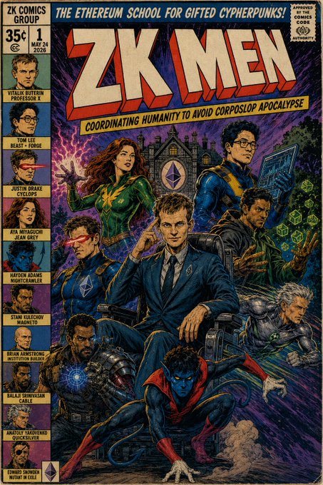 !!!ZK MEN!!! comic book cover, featuring a group of superheroes and their unique abilities against the backdrop of a purple sky with clouds.