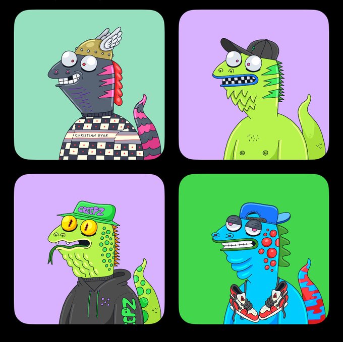 Four cartoon NFT-style lizard characters wearing different hats and clothing, each set against a solid colored background.