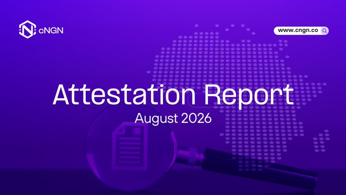 A purple-themed cover for an 'Attestation Report' dated August 2026 from cNGN, displaying their website www.cngn.co and a magnifying glass over a clipboard with an African continent graphic.
