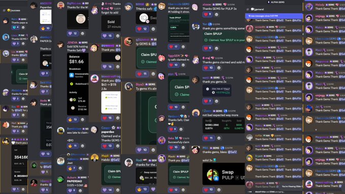 A Discord chat screenshot displays numerous users sharing their GEMS token claim confirmations, PnL screenshots (including one showing "$811.66" and another "354166"), and celebratory messages like "Claim SPU," "Claim SP," and "Solid 3x," reflecting the post's excitement about PaperDAO's successful GEM launch with 200 members investing ~6 ETH and nearly tripling their initial entry.
