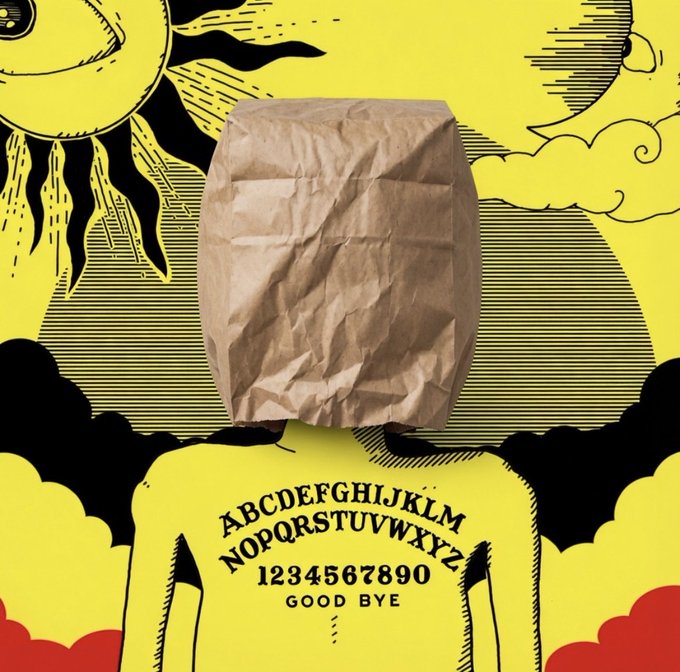 An artistic composition featuring a crumpled brown paper bag covering a face against a yellow background with sun and cloud illustrations, displaying an alphabet ('ABCDEFGHIJKLM NOPQRSTUVWXYZ'), numbers ('1234567890'), and the words 'GOOD BYE'.