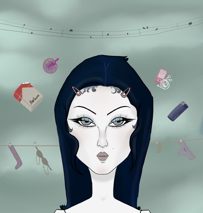 A stylized digital illustration depicts a pale-skinned woman with dark hair, blue eyes, and small horn-like hair accessories against a muted background featuring clotheslines, birds, and floating items including a book labeled "Mylberos."