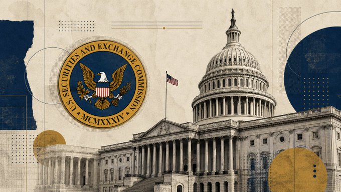 The image features the U.S. Capitol building alongside the official seal of the Securities and Exchange Commission dated MCMXXXIV (1934), visually representing the SEC's new 402-page proposed rulemaking establishing permanent regulatory pathways for crypto fundraising.