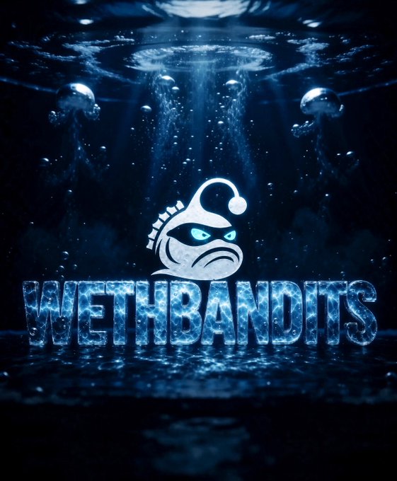 A digital artwork featuring an underwater scene with floating jellyfish and rising bubbles, showcasing the "WETHBANDITS" logo with a mischievous blue-glowing bandit fish mascot above icy, water-textured lettering. The image ties directly to the post by introducing "Disco -The Distraction-," one of the hand-modeled 3D characters from the 3,400-piece collection on ETH.