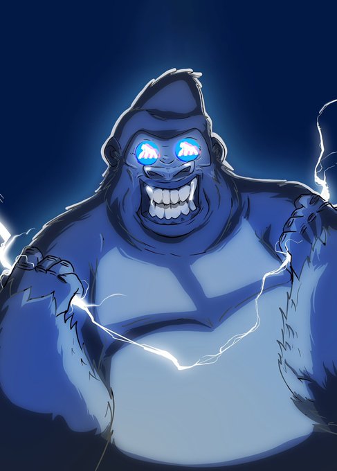 A digital illustration of a menacing blue gorilla character with glowing blue eyes showing brain patterns, grinning widely to reveal sharp teeth, surrounded by crackling electricity against a dark blue background.