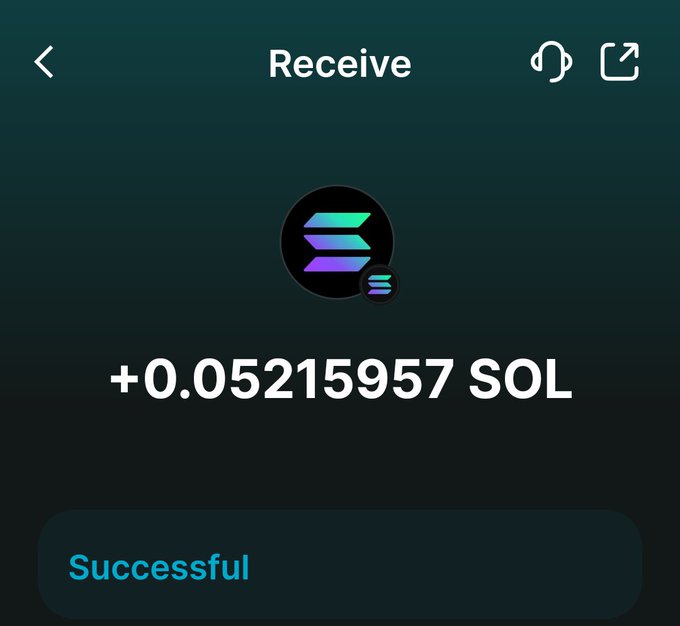 A dark-themed mobile wallet app screen showing a successful crypto transaction that received +0.05215957 SOL, featuring a teal and purple logo.