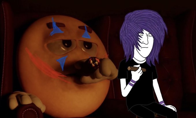 The image features an orange cartoon character with blue eyes and a red nose holding a cigarette while sitting next to a person wearing glasses who has a cup of coffee. The caption for this image reads, "Focus on what is in the image and how it relates to the post."