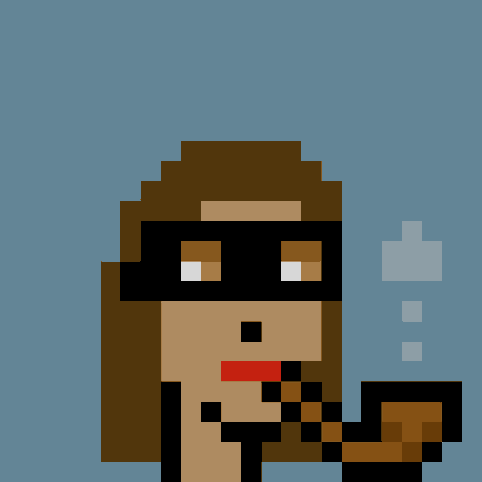 A pixel art portrait of CryptoPunk #2721, featuring a character with a black mask and cigarette against a blue background, matching the post about the recent 35.95 ETH purchase of this NFT.
