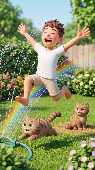 A 3D-rendered illustration of a joyful boy jumping in the air while playing with a garden hose creating a rainbow, with two tabby cats watching on the grass.