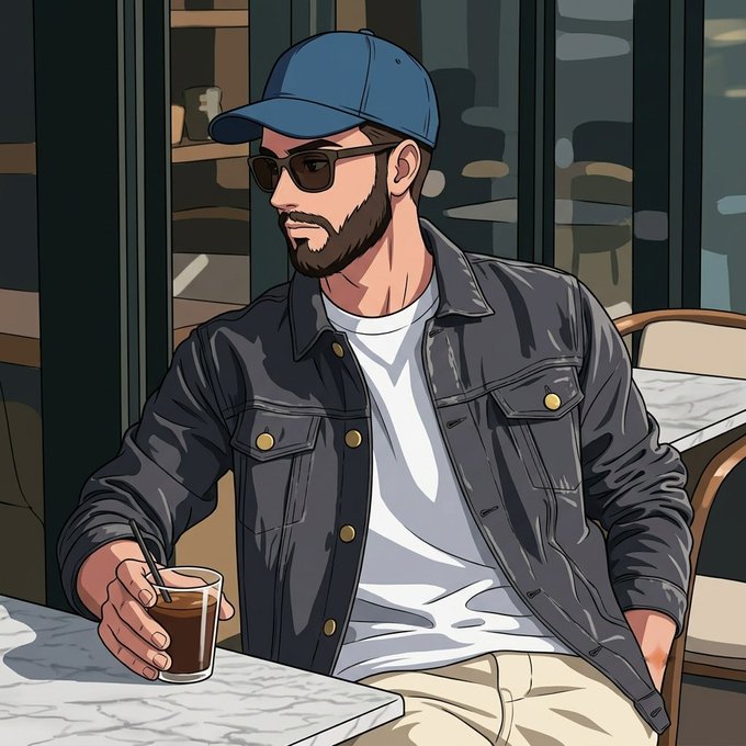 An illustrated cartoon of a bearded man wearing a blue cap, sunglasses, and a dark jacket, sitting at a marble table holding a glass of coffee.