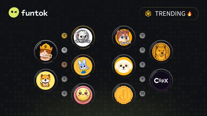 A screenshot of the 'funtok' website displaying a grid of ten trending NFT or memecoin avatars, including projects like 'WikiCat', 'Corgi', and 'ClipX'.