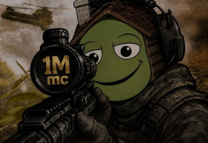 A Pepe the Frog meme character dressed in military tactical gear with a helmet and headset, aiming a rifle scope that displays '1M mc' in gold text, with a helicopter in the background.