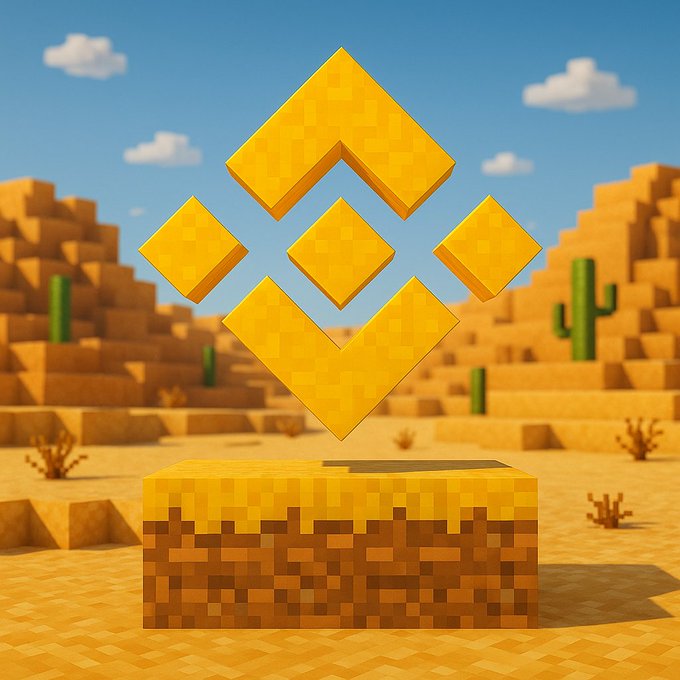 A 3D render of the golden Binance (BNB) logo floating above a Minecraft-style dirt and grass block in a blocky desert landscape with cacti.