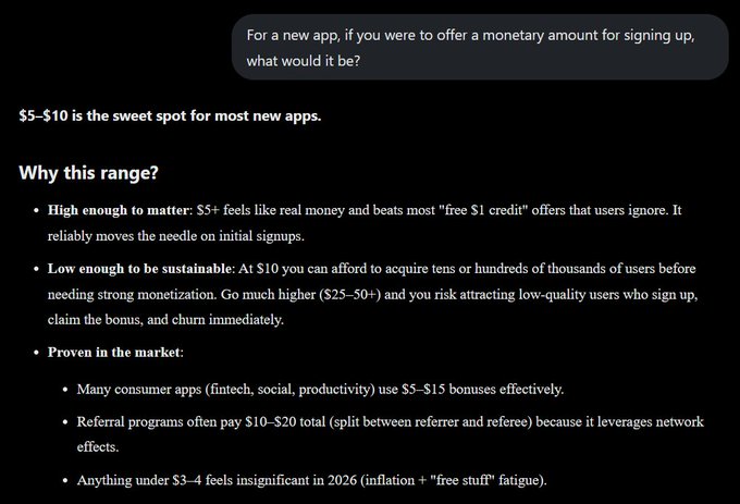 A response advising that '$5–$10 is the sweet spot' for new app sign-up bonuses, explaining why this range works best for acquisition.