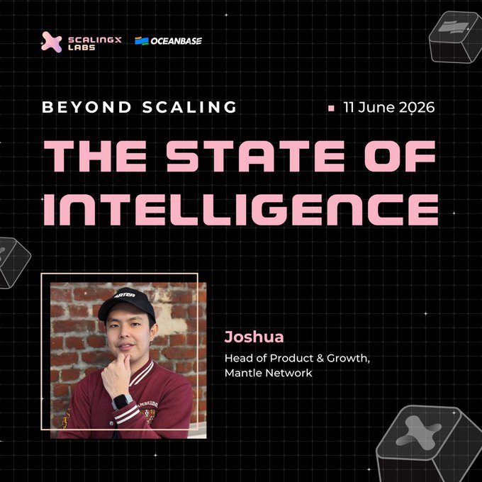 The image features a man wearing a red shirt with his hand on his chin as if deep in thought or contemplation. The background of the image is black, which contrasts with the white text that reads "Beyond Scaling" at the top. Below this title, there are two lines of text discussing the state of intelligence and its connection to AI innovation.
