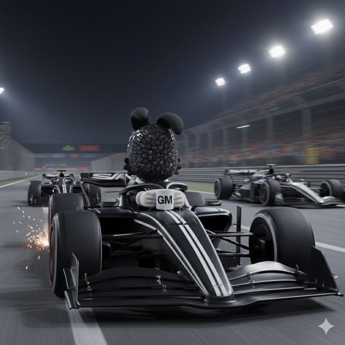 3D render of a black Formula 1-style race car branded with "GM," driven by a Mickey Mouse-like figure, racing at night with sparks flying from the wheels.