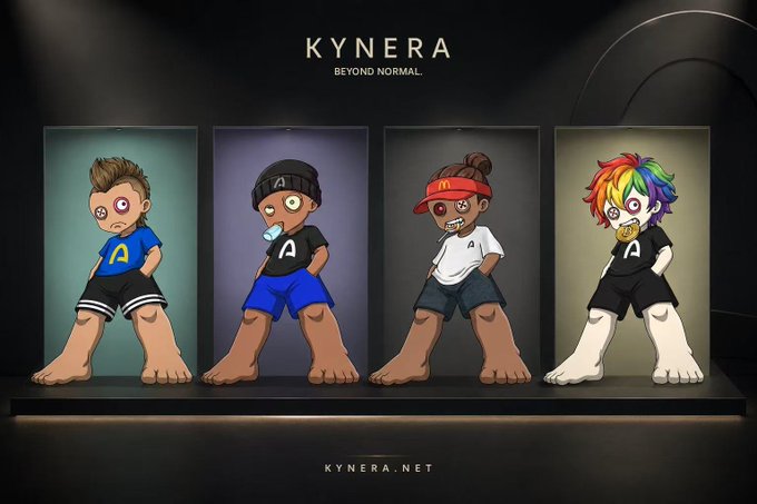 Four cartoon-style mascot characters with exaggerated features stand on a stage beneath the text "KYNERA — BEYOND NORMAL" and "KYNERA.NET," representing Kynera's brand. The image appears unrelated to the post about Arc mainnet launch and cryptocurrency funding activity.