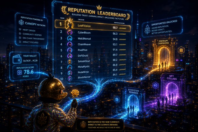 A neon cyberpunk-style digital dashboard titled 'REPUTATION LEADERBOARD' displaying ranked creators (LeafVision #1 with 98.7), wallet info showing 78.6 score, and various ecosystem gateways.