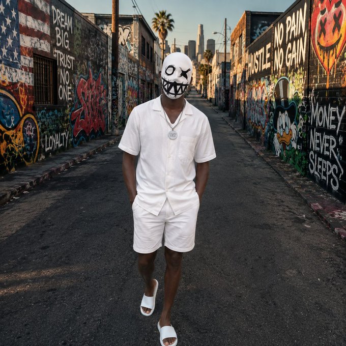A person wearing all-white clothing and a grinning mask walking down a graffiti-covered alleyway with text like 'NO PAIN NO GAIN' and 'MONEY NEVER SLEEPS' on the walls.
