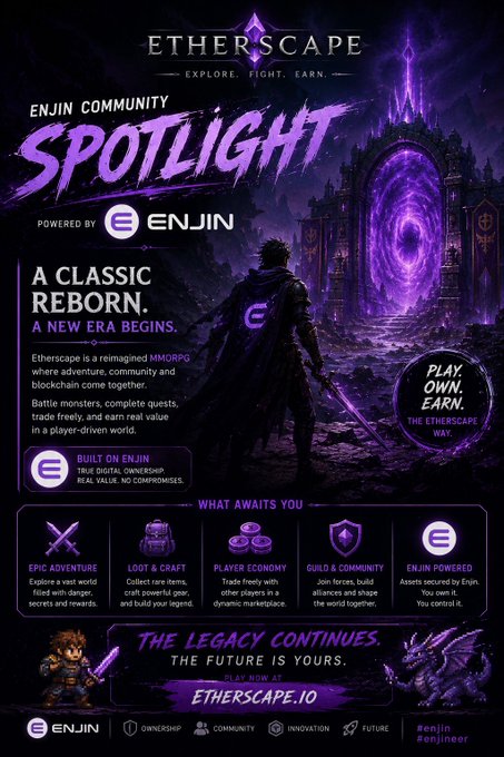 A promotional poster for 'ETHERSCAPE' MMORPG by Enjin Community Spotlight, featuring a dark fantasy character before a purple portal, with sections on 'Epic Adventure', 'Loot & Craft', and 'Enjin Powered' features.