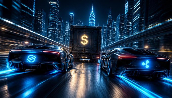 Two sleek futuristic sports cars race down a neon-lit city street toward a glowing shipping container emblazoned with a dollar sign ($), symbolizing the high-stakes pursuit of institutional capital. The XRP and Stellar ($XLM) logos illuminated on the cars visually reinforce the post's message that these cryptocurrencies are chasing the "big money" of cross-border banking—not retail hype.