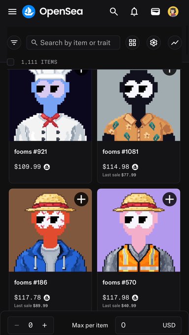 A screenshot of the OpenSea NFT marketplace showing pixel art character NFTs from the 'fooms' collection, with listings like 'fooms #921' priced at $109.99 and 'fooms #1081' at $114.98.