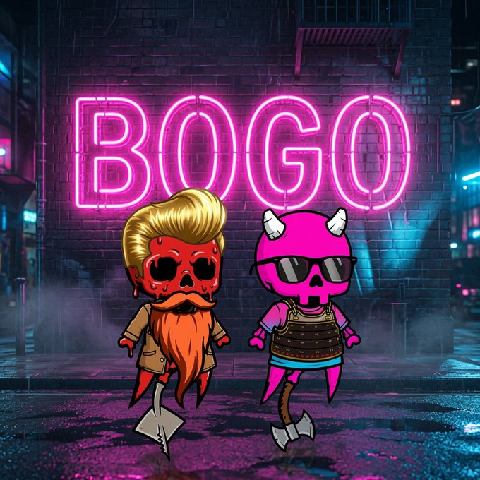 A vibrant digital illustration featuring two cartoon skeleton-like characters standing in front of a brick wall with a glowing pink neon sign reading 'BOGO'.