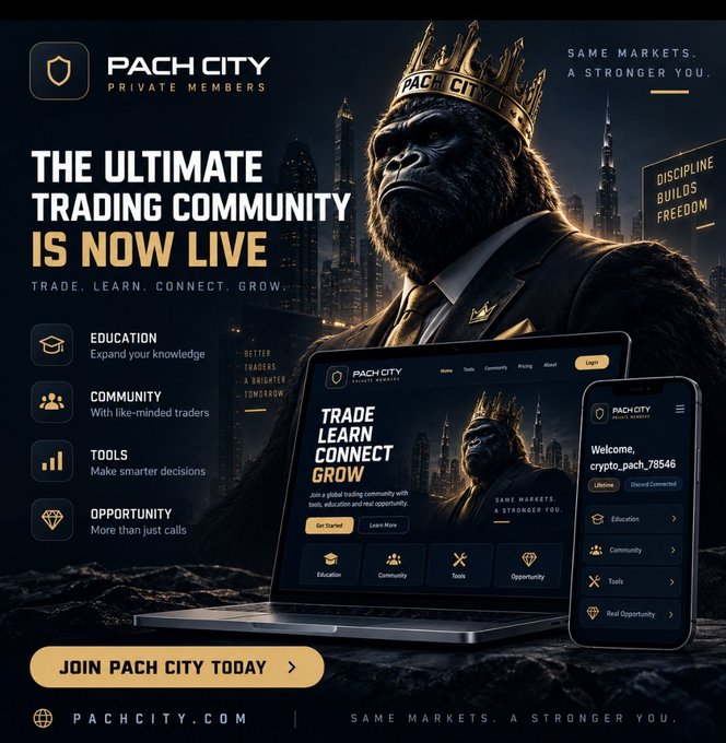 Promotional banner for 'PACH CITY PRIVATE MEMBERS' trading community featuring a gorilla wearing a gold crown, with text 'THE ULTIMATE TRADING COMMUNITY IS NOW LIVE' and screenshots of the website displayed on a laptop and phone.
