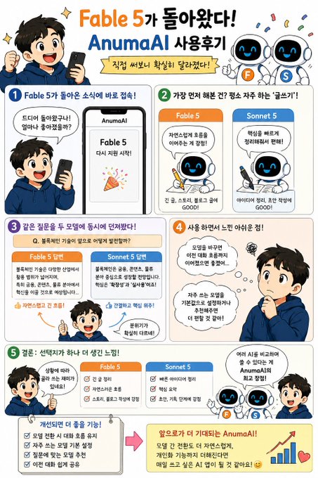 A Korean-language infographic titled "Fable 5가 돌아왔다! AnumaAI 사용후기" promoting the return of Fable 5 with comparisons to Sonnet 5, featuring cartoon characters and a mobile phone illustration.