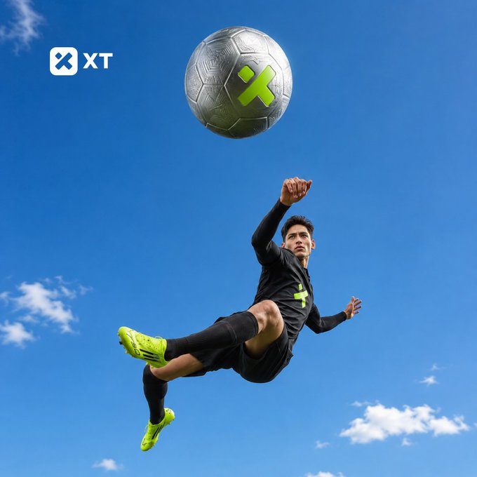 A soccer player executes an acrobatic volley against a bright blue sky, with an "XT" logo visible in the corner. The dramatic action shot mirrors the post's theme of market trading, suggesting that just as every football moment presents an opportunity, traders can capitalize on real-time predictions through XT's XPredict platform.