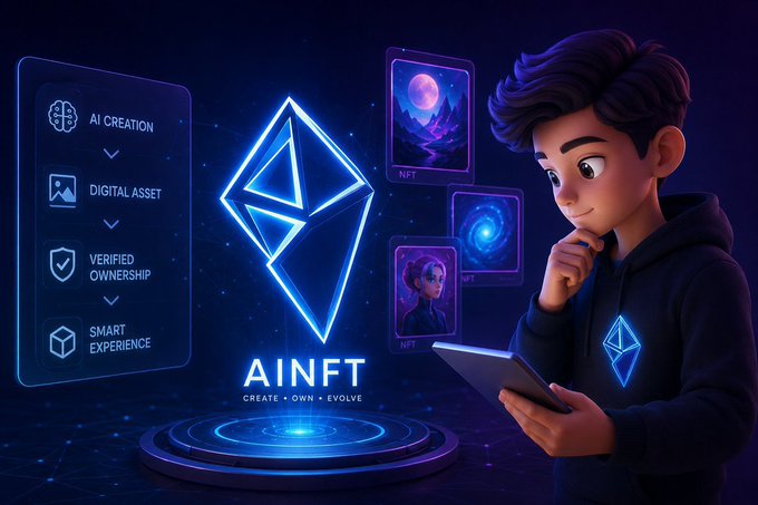 A promotional graphic for 'AINFT' featuring a glowing Ethereum-style diamond logo with the tagline 'CREATE • OWN • EVOLVE', showing a cartoon character with a tablet alongside NFT cards and features like 'AI Creation' and 'Digital Asset'.