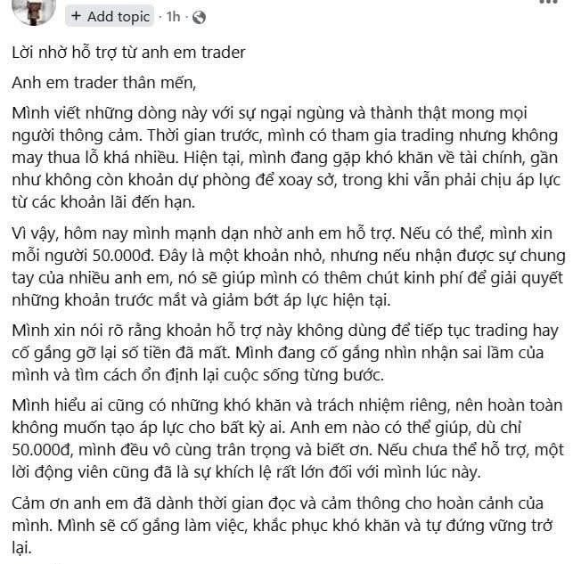 A Vietnamese social media post titled 'Lời nhờ hỗ trợ từ anh em trader' (Request for help from fellow traders) in which the author admits to trading losses and asks for 50,000 VND donations.