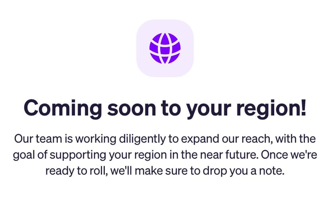 A notification from MoonPay stating "Coming soon to your region!" with the message "Our team is working diligently to expand our reach, with the goal of supporting your region in the near future. Once we're ready to roll, we'll make sure to drop you a note."

This image relates to the post by confirming that MoonPay is not yet available in the user's region, explaining why they received $0 and why they're hoping ElonFi will work for them instead.