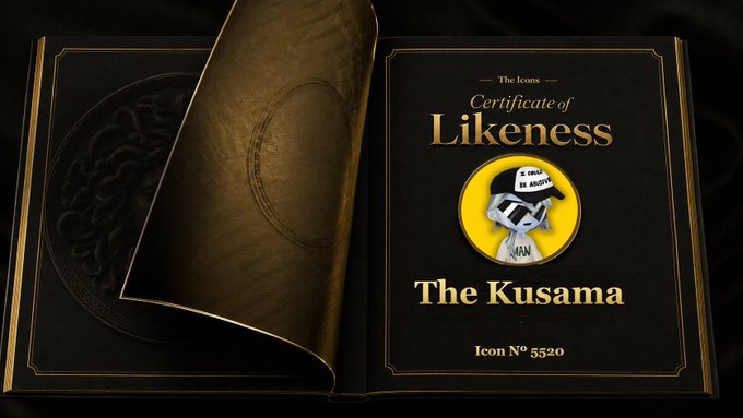 An open book displaying a 'Certificate of Likeness' for 'The Kusama' (Icon N° 5520) featuring a yellow badge with a character wearing sunglasses and a hat.
