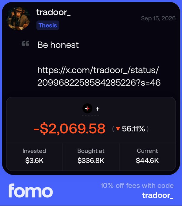A social media post screenshot by "tradoor_" with the text "Be honest" showing a significant cryptocurrency loss of "-$2,069.58 (▼ 56.11%)", along with "Invested $3.6K", "Bought at $336.8K", and "Current $44.6K", with a promotional offer for "10% off fees with code tradoor_" on the "fomo" platform.